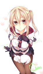 Rule 34 | 10s, 1girl, anchor, animal hands, artist name, black gloves, black pantyhose, blonde hair, blue eyes, blush, breasts, capelet, cat, cat paws, celtic knot, chihio, chihiro (khorosho), cross, female focus, from above, gloves, graf zeppelin (kancolle), hair between eyes, hand on own chest, highres, impossible clothes, jacket, kantai collection, large breasts, long hair, looking at viewer, looking up, miniskirt, necktie, pantyhose, signature, skirt, solo, tsurime, twintails, white cat