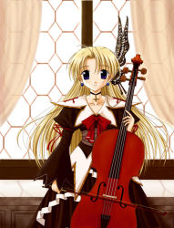 Rule 34 | blonde hair, blue eyes, bow, bug, butterfly, cello, choker, dress, earrings, insect, instrument, jewelry, long hair, ribbon, solo