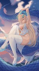 Rule 34 | 1girl, absurdres, arm up, armpits, arms up, asuna (blue archive), bare shoulders, blonde hair, blue archive, blush, breasts, cleavage, cloud, collarbone, dragon, hair over one eye, halo, highres, large breasts, light brown hair, long hair, looking at viewer, sky, smile, solo, thighhighs, thighs, vanko (vank0a), very long hair