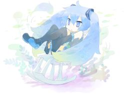 Rule 34 | 1girl, blue eyes, blue hair, chair, detached sleeves, female focus, fish, full body, gradient hair, hatsune miku, hugging own legs, matching hair/eyes, multicolored hair, pale color, rocking chair, sakutoko, solo, thighhighs, twintails, vocaloid, white background