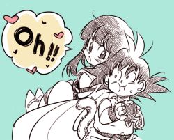 Rule 34 | 1boy, 1girl, :o, apple, back-to-back, black eyes, black hair, blue background, cape, chi-chi (dragon ball), dougi, dragon ball, eating, food, fruit, heart, looking at another, looking back, monochrome, open mouth, simple background, son goku, speech bubble, spiked hair, tail, tkgsize, wristband
