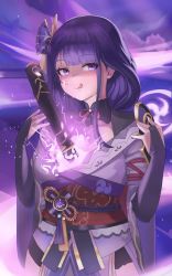 Rule 34 | 1girl, blush, bridal gauntlets, check commentary, commentary request, dolri, flower, genshin impact, hair ornament, highres, human scabbard, japanese clothes, kimono, licking lips, looking at viewer, mitsudomoe (shape), mole, mole under eye, purple eyes, purple flower, purple hair, raiden shogun, sash, sheath, solo, sword, sword between breasts, tomoe (symbol), tongue, tongue out, unsheathing, weapon