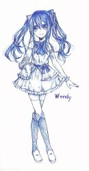 Rule 34 | 1girl, bad id, bad pixiv id, ballpoint pen (medium), blue theme, boots, chiame (akirapochi), derivative work, dress, fairy tail, long hair, monochrome, ribbon, solo, thighhighs, traditional media, twintails, wendy marvell