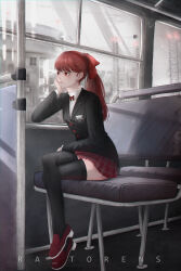 Rule 34 | 1girl, absurdres, artist name, black jacket, black thighhighs, bow, bus interior, buttons, closed mouth, commentary, crossed legs, day, earrings, elbow rest, full body, hair bow, hand on own face, highres, jacket, jewelry, loafers, long hair, long sleeves, miniskirt, persona, persona 5, persona 5 the royal, plaid, plaid skirt, pleated skirt, ponytail, ra torens, red bow, red eyes, red footwear, red hair, red skirt, school uniform, shirt, shoes, sideways glance, sitting, skirt, solo, thighhighs, white shirt, window, yoshizawa kasumi