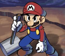 Rule 34 | 1boy, blue overalls, boots, brown footwear, facial hair, gloves, hammer, hat, highres, holding, holding hammer, looking at viewer, male focus, mario, mario &amp; luigi rpg, mario &amp; luigi rpg (style), mario (series), mustache, nintendo, outdoors, overalls, red headwear, red shirt, shirt, standing, white gloves, ya mari 6363