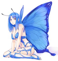 Rule 34 | 1girl, antennae, arm support, bare shoulders, between legs, blue eyes, blue hair, blue nails, blue theme, blunt bangs, breasts, butterfly wings, cleavage, expressionless, fairy, feet, hand between legs, hime cut, insect wings, large breasts, lips, long hair, looking at viewer, matching hair/eyes, nail polish, navel, original, saba no miso ni, saba no misoni (doddosi), simple background, sitting, solo, toenail polish, toenails, toes, v arms, wariza, white background, wings