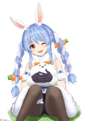 Rule 34 | &gt; &lt;, 1girl, :3, ;d, absurdres, animal, animal ear fluff, animal ears, bare shoulders, black gloves, black leotard, black pantyhose, blue hair, bow, braid, carrot hair ornament, detached sleeves, dress, feet out of frame, food-themed hair ornament, fur trim, gloves, hair between eyes, hair bow, hair ornament, head tilt, highres, holding, holding animal, hololive, knees up, legband, leotard, long hair, looking at viewer, multicolored hair, nanaushi, one eye closed, open mouth, orange eyes, pantyhose, puffy short sleeves, puffy sleeves, rabbit-shaped pupils, rabbit ears, rabbit girl, short sleeves, silver hair, simple background, sitting, smile, solo, symbol-shaped pupils, twin braids, twintails, two-tone hair, usada pekora, usada pekora (1st costume), virtual youtuber, white background, white bow, white dress