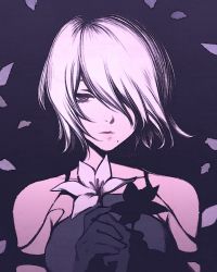 Rule 34 | 1girl, android, bare shoulders, black background, black dress, black gloves, blue eyes, breasts, closed mouth, collarbone, dress, flat color, flower, gloves, hair over one eye, holding, holding flower, joints, lily (flower), looking at viewer, medium breasts, mole, mole under mouth, moshimoshibe, nier:automata, nier (series), own hands clasped, own hands together, petals, robot joints, short hair, simple background, solo, strapless, strapless dress, swept bangs, upper body, white flower, white hair, a2 (nier:automata)