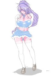 Rule 34 | 00s, 1girl, breasts, cleavage, distance, elbow gloves, female focus, gloves, hair over one eye, ikkitousen, kan&#039;u unchou, large breasts, loafers, looking at viewer, midriff, navel, panties, ponytail, purple eyes, purple hair, shiny skin, shoes, simple background, smile, solo, thighhighs, underwear, white background, white gloves, white panties, white thighhighs