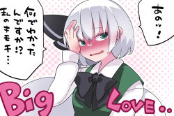 Rule 34 | 1girl, black ribbon, blush, breasts, collared shirt, commentary request, ear blush, english text, green eyes, green vest, hair ribbon, hammer (sunset beach), hand on own face, konpaku youmu, long sleeves, looking at viewer, nose blush, open mouth, polka dot, polka dot background, ribbon, shirt, short hair, small breasts, solo, touhou, translation request, upper body, vest, white hair, white shirt