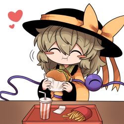 Rule 34 | 1girl, black hat, blush, bow, burger, closed eyes, cup, disposable cup, eating, food, french fries, hat, heart, highres, komeiji koishi, light green hair, napkin, simple background, solo, table, third eye, touhou, tray, white background, yellow bow, zunusama