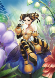 Rule 34 | 1girl, arthropod girl, bare shoulders, bee girl, bendy straw, black gloves, braid, breasts, bun cover, candy, cleavage, double bun, drinking straw, elbow gloves, flower, food, genderswap, genderswap (mtf), gloves, hair bun, insect girl, insect wings, jewelry, lily of the valley, looking at viewer, lucky9, mini person, minigirl, necklace, original, personification, sitting, striped clothes, striped legwear, striped thighhighs, sweets, thighhighs, wings, yellow eyes