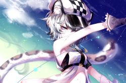 Rule 34 | 1girl, animal ear fluff, animal ears, arknights, arm up, bandeau, bare arms, bare shoulders, beret, black hair, blue eyes, cliffheart (arknights), cloud, dress, gloves, gradient hair, grey gloves, hair between eyes, hat, highres, looking at viewer, multicolored hair, night, night sky, outdoors, sheya, short hair, silver hair, sky, solo, stomach, strapless, tail, tiger ears, tiger tail, tube top, upper body, white dress, white hat