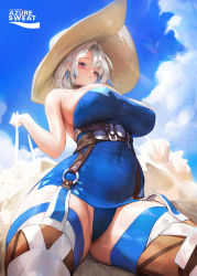 Rule 34 | 1girl, absurdres, agoto, alchemy stars, azure (alchemy stars), bare shoulders, blue dress, blue eyes, blue hair, boots, breasts, brown thighhighs, choker, coat, dress, fur coat, hat, highres, knee boots, large breasts, long hair, looking at viewer, multicolored hair, off shoulder, open clothes, open coat, sitting, solo, streaked hair, thighhighs, thighs, white coat