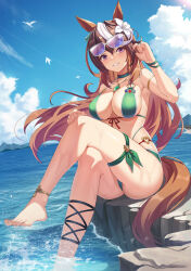 Rule 34 | 1girl, alternate costume, animal ears, anklet, armlet, barefoot, bikini, blue sky, bracelet, breasts, brown hair, choker, cleavage, cloud, cloudy sky, commentary, crossed legs, earrings, eyewear on head, feet, flower, foot out of frame, front-tie bikini top, front-tie top, green bikini, green choker, grin, hair between eyes, hair flower, hair ornament, hand on own knee, hibiscus, highres, horse ears, horse girl, horse tail, jewelry, large breasts, legs, long hair, looking at viewer, multicolored hair, nail polish, necklace, o-ring, o-ring bikini, o-ring top, on rock, outdoors, purple eyes, single earring, sitting, sky, smile, soaking feet, solo, streaked hair, sunglasses, swimsuit, symboli rudolf (umamusume), tail, thigh strap, thighs, toenails, toes, umamusume, very long hair, vococo, white hair