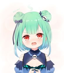 Rule 34 | 1girl, bare shoulders, black bow, blue dress, blue sleeves, blush, bow, detached sleeves, deyui, double bun, dress, earrings, fang, fingers together, green hair, hair bow, hair bun, hair ornament, highres, hololive, jewelry, looking at viewer, open mouth, puffy sleeves, red eyes, skull earrings, skull hair ornament, sleeveless, sleeveless dress, solo, steam, translation request, upper body, uruha rushia, uruha rushia (1st costume), virtual youtuber, wavy mouth, white background