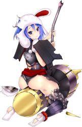 Rule 34 | 1girl, ass, black panties, blue hair, blush, from behind, hair between eyes, hammer, holding, holding hammer, holding weapon, looking at viewer, official art, oshiro project:re, oshiro project:re, panties, solo, taicho128, torn clothes, torn legwear, transparent background, tsu (oshiro project), underwear, weapon