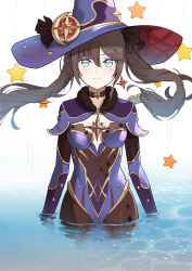 Rule 34 | 1girl, adapted costume, alternate costume, black hair, blue eyes, breasts, choker, cleavage, commentary request, detached sleeves, earrings, genshin impact, hair between eyes, hair ornament, hat, highres, in water, jewelry, long hair, looking at viewer, medium breasts, mona (genshin impact), sidelocks, skying, smile, solo, twintails, wading, witch hat