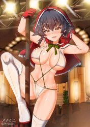 Rule 34 | 1girl, alternate costume, artist name, bikini, black hair, blush, braid, breasts, brown eyes, capelet, christmas, commentary request, cowboy shot, fur-trimmed capelet, fur trim, girls und panzer, gloves, half-closed eyes, halterneck, hand in own hair, highres, hood, hood up, hooded capelet, indoors, knee up, large breasts, leg up, looking at viewer, megadeko, navel, o-ring, o-ring bikini, open mouth, partial commentary, pepperoni (girls und panzer), pole, red capelet, red gloves, santa costume, santa gloves, shiny skin, short hair, side braid, signature, smile, solo, string bikini, stripper pole, sweat, swimsuit, thighhighs, twitter username, white bikini, white thighhighs