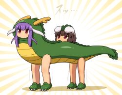 Rule 34 | 2girls, animal costume, animal ears, brown hair, commentary request, dragon costume, emphasis lines, floppy ears, full body, inaba tewi, long hair, medium bangs, multiple girls, no mouth, purple hair, rabbit ears, rabbit girl, red eyes, reisen udongein inaba, shirosato, short hair, standing, touhou