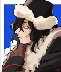 Rule 34 | 1boy, bags under eyes, black coat, black eyes, black hair, black headwear, bloodshot eyes, blue background, boku no hero academia, brown gloves, coat, eraser head (boku no hero academia), from side, fur-trimmed headwear, fur trim, gloves, long hair, long sleeves, looking at viewer, male focus, messy hair, profile, rnuyvm, scarf, signature, solo, sparse stubble, white scarf, winter clothes