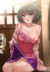 Rule 34 | 1girl, alcohol, aqua eyes, bare shoulders, beer mug, blush, breasts, cleavage, clothes lift, collarbone, cup, dress, dress lift, green hair, heterochromia, highres, idolmaster, idolmaster cinderella girls, jewelry, large breasts, lifting own clothes, long sleeves, looking at viewer, mk (mod0), mole, mole under eye, mug, necklace, nipples, no panties, off shoulder, one breast out, open mouth, purple skirt, red shirt, shirt, short hair, sitting, skirt, smile, solo, takagaki kaede, thighs