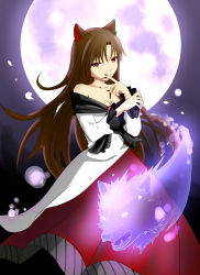 Rule 34 | 1girl, animal ears, bare shoulders, breasts, brown hair, cleavage, collarbone, dress, fingernails, full moon, heisotsu (otanushi), highres, imaizumi kagerou, jewelry, long hair, looking at viewer, moon, night, red eyes, solo, spirit, tongue, tongue out, touhou, wolf ears