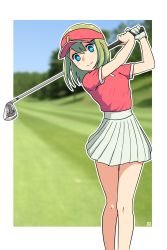 Rule 34 | 1girl, arms up, blue eyes, blue sky, blurry, blurry background, breasts, closed mouth, commentary request, day, depth of field, feet out of frame, gloves, golf club, grass, green hair, grey gloves, grey skirt, hair between eyes, hat, highres, holding, muu (mumumer), original, outline, pleated skirt, red hat, red shirt, shirt, short sleeves, single glove, skirt, sky, small breasts, smile, solo, standing, tree, visor cap, white outline, yunomiya agari