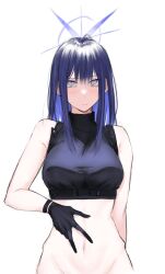 Rule 34 | 1girl, bare arms, bare shoulders, black gloves, black shirt, blue archive, blue eyes, blue hair, commentary request, crop top, egomeshi, gloves, groin, long hair, looking at viewer, midriff, navel, saori (blue archive), shirt, simple background, sleeveless, sleeveless shirt, solo, stomach, upper body, white background