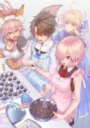 Rule 34 | 1boy, 3girls, absurdres, ahoge, animal ear fluff, apron, artoria pendragon (all), artoria pendragon (fate), bad id, bad pixiv id, bare shoulders, black dress, black hair, blonde hair, blue bow, blue dress, blue eyes, blush, bow, braid, breasts, brown hair, chocolate, commentary request, dress, fate/grand order, fate (series), fujimaru ritsuka (male), gloves, green eyes, hair over one eye, highres, holding, jacket, kazuki inami, large breasts, long hair, looking at viewer, maid, maid headdress, mash kyrielight, multiple girls, open mouth, pink hair, purple eyes, purple hair, saber (fate), short hair, smile, white apron, white gloves, white jacket
