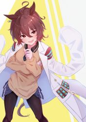 Rule 34 | 1girl, absurdres, agnes tachyon (umamusume), ahoge, animal ears, brown eyes, brown hair, brown sweater, coat, coat on shoulders, commentary request, highres, horse ears, horse girl, horse tail, kuro chibe, lab coat, pantyhose, solo, sweater, tail, test tube, umamusume