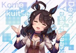 Rule 34 | 1girl, = =, ahoge, animal ears, black hair, blush, breasts, closed eyes, commentary request, daring tact (umamusume), hair ornament, horse ears, horse girl, horse tail, lyrics, medium breasts, medium hair, open mouth, outstretched arms, simple background, spread arms, starting future (umamusume), tail, umamusume, umapyoi densetsu, yuki (user tjvn3757)