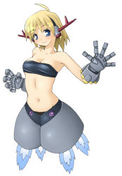 Rule 34 | 1girl, ahoge, antennae, bandeau, blonde hair, blue eyes, breasts, eighty percent complete (meme), female focus, gundam, horns, mecha musume, meme, midriff, mobile suit gundam, navel, personification, piiton, short hair, simple background, solo, those are just for decoration, zeong
