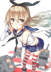 Rule 34 | &gt; &lt;, 10s, 1girl, anchor hair ornament, bad id, bad pixiv id, blonde hair, brown eyes, chestnut mouth, closed eyes, crop top, elbow gloves, gloves, hair ornament, hairband, highres, kantai collection, long hair, midriff, navel, neckerchief, okomeito, open mouth, rensouhou-chan, school uniform, serafuku, shimakaze (kancolle), skirt, sleeveless, striped clothes, striped thighhighs, thighhighs, thong