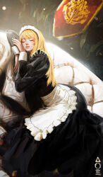 Rule 34 | 1girl, apron, artofenvy, banner, battle standard, black dress, blonde hair, cixous (overlord), closed eyes, couch, dress, highres, indoors, lips, long dress, long hair, lying, maid apron, maid headdress, nose, on couch, on side, overlord (maruyama), sleeping, solo, swept bangs, war banner