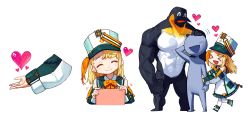 Rule 34 | &gt; &lt;, 1girl, :d, > <, band uniform, bird, broguin, detached sleeves, dress, emperor penguin, closed eyes, hat, heart, height difference, highres, holding, holding needle, knitting, knitting needle, multiple views, muscular, needle, official art, open mouth, pengin pina, penguin, prism project, rinotuna, sailor dress, scarf, shako cap, smile, thighhighs, virtual youtuber, xd, yarn