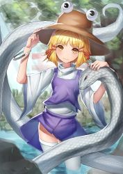 1girl, absurdres, bangle, bangs, blonde hair, bracelet, breasts, brown headwear, closed mouth, day, eyebrows visible through hair, feet out of frame, hair ribbon, hand on headwear, hand up, hat, highres, huge filesize, humansequencer, jewelry, light blush, light rays, light smile, looking at viewer, mishaguji, moriya suwako, outdoors, purple skirt, purple vest, red ribbon, ribbon, rock, shirt, short hair, short sleeves, skirt, skirt set, small breasts, solo, standing, sunlight, thighhighs, touhou, turtleneck, vest, water, white legwear, white shirt, wide sleeves, wind, wind lift, yellow eyes