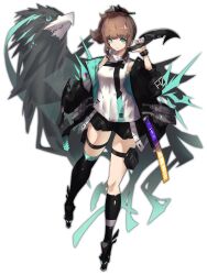 Rule 34 | 1girl, bird, black footwear, black jacket, black shorts, blue eyes, bow, breasts, brown hair, chain paradox, dual wielding, energy wings, full body, hair bow, highres, holding, holding weapon, jacket, looking at viewer, mitoma mao, pouch, red cat hood, shirt, short shorts, shorts, small breasts, smile, thigh pouch, thigh strap, weapon, white shirt, wristband