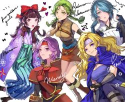 Rule 34 | 5girls, armor, asymmetrical gloves, belt, black gloves, blonde hair, blouse, blue eyes, blue hair, blue hakama, boots, bow, braid, brown eyes, brown footwear, brown gloves, brown hair, cape, character name, copyright name, dress, fingerless gloves, fire emblem, fire emblem: radiant dawn, fire emblem: the binding blade, fire emblem: the blazing blade, fire emblem fates, floral print, gauntlets, gloves, gwendolyn (fire emblem), hair bow, hair over one eye, hakama, hakama skirt, headband, heart, heather (fire emblem), japanese clothes, kimono, leather, leather boots, long hair, looking at viewer, meiji schoolgirl uniform, minamoto mamori, multiple girls, nintendo, open mouth, pants, pink eyes, pink hair, pinwheel, purple kimono, rebecca (fire emblem), red bow, setsuna (fire emblem), shirt, short dress, short hair, shoulder armor, simple background, skirt, sleeveless, sleeveless shirt, tokyo mirage sessions fe, tsuko (25mnts), twin braids, white background