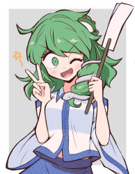 Rule 34 | 1girl, :d, blue skirt, blush, breasts, collared shirt, commentary request, detached sleeves, frog hair ornament, gohei, green eyes, green hair, grey background, hair ornament, highres, holding, holding gohei, kochiya sanae, kurachi mizuki, long hair, looking at viewer, medium bangs, medium breasts, messy hair, one eye closed, open mouth, shirt, skirt, sleeveless, sleeveless shirt, smile, snake hair ornament, solo, star (symbol), touhou, two-tone background, upper body, v, v-shaped eyebrows, white background, white shirt, white sleeves