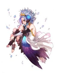 Rule 34 | 1girl, blue flower, blue hair, brown eyes, choker, cosplay, detached sleeves, diadem, fairy tail, floating hair, flower, full body, gwendolyn (cosplay), hair flower, hair ornament, levy mcgarden, long hair, odin sphere, rusky, signature, simple background, sleeveless, solo, strapless, white background