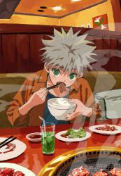 Rule 34 | 1boy, alternate eye color, bowl, chopsticks, eating, food, green eyes, grill, highres, holding, holding bowl, holding chopsticks, hunter x hunter, killua zoldyck, male focus, meat, mito tomiko, restaurant, rice bowl, solo, white hair