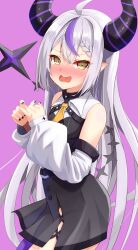 Rule 34 | 1girl, absurdres, ascot, bare shoulders, black horns, black nails, blush, braid, braided bangs, detached sleeves, fugi (nyanpasu axela), grey hair, highres, hololive, horns, la+ darknesss, la+ darknesss (1st costume), long hair, long sleeves, looking at viewer, multicolored hair, o-ring, open mouth, pantyhose, pointy ears, purple background, purple hair, purple pantyhose, single leg pantyhose, solo, streaked hair, striped horns, virtual youtuber, yellow ascot, yellow eyes