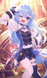 Rule 34 | 1girl, ;d, absurdres, arm up, black gloves, black shorts, black thighhighs, blue eyes, blue hair, breasts, cleavage, commentary request, crescent, feet out of frame, gloves, hair between eyes, highres, hololive, hoshimachi suisei, juliet sleeves, long hair, long sleeves, looking at viewer, masaki (msk064), one eye closed, open mouth, puffy sleeves, short shorts, shorts, shrug (clothing), single thighhigh, sleeves past wrists, small breasts, smile, solo, standing, star (symbol), star in eye, symbol in eye, thighhighs, very long hair, virtual youtuber