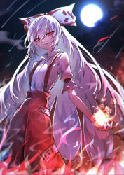 Rule 34 | 1girl, 33 gaff, absurdres, bow, collared shirt, commentary, fire, fujiwara no mokou, full moon, grey hair, hair between eyes, hair bow, highres, long hair, looking at viewer, moon, ofuda, ofuda on clothes, outdoors, pants, parted lips, pyrokinesis, red eyes, red pants, shirt, short sleeves, sky, solo, star (sky), starry sky, suspenders, touhou, very long hair, white bow, white shirt