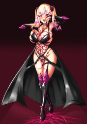 Rule 34 | 1girl, blonde hair, breasts, bridal gauntlets, corruption, earrings, elf, full body, gradient background, gradient hair, ground zero, highres, huge breasts, jewelry, living clothes, long hair, looking at viewer, multicolored hair, open mouth, original, pink eyes, pointy ears, pussy, pussy juice, skindentation, solo, tentacles, tongue, tongue out, twintails, zerogura