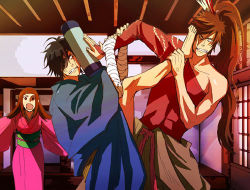 Rule 34 | 1girl, 2boys, bandaged arm, bandages, bare shoulders, barefoot, black hair, blunt bangs, brown hair, clenched teeth, clothes around waist, collarbone, date masamune (sengoku basara), eyepatch, foot on another&#039;s face, indoors, japanese clothes, kimono, long hair, long sleeves, lowres, maeda keiji, maeda keiji (sengoku basara), matsu (sengoku basara), multiple boys, one eye covered, open mouth, pink kimono, ponytail, sengoku basara, shaded face, teeth, wide sleeves