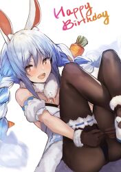 Rule 34 | 1girl, akieda, animal ear fluff, animal ears, bare shoulders, black gloves, black leotard, black pantyhose, blue hair, blush, braid, carrot, carrot hair ornament, detached sleeves, food-themed hair ornament, fur-trimmed gloves, fur scarf, fur trim, gloves, hair ornament, highres, hololive, leotard, long hair, looking at viewer, multicolored hair, open mouth, pantyhose, rabbit-shaped pupils, rabbit ears, rabbit girl, short eyebrows, simple background, sitting, solo, symbol-shaped pupils, teeth, thick eyebrows, thigh strap, twin braids, two-tone hair, upper teeth only, usada pekora, virtual youtuber, white background, white hair