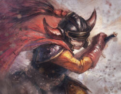 Rule 34 | 1boy, armor, cape, clenched teeth, dragon quest, dragon quest i, fake horns, fighting stance, gloves, helmet, hero (dq1), highres, holding, holding sword, holding weapon, horned helmet, horns, long sleeves, male focus, orange pants, orange shirt, pants, red cape, red gloves, serious, shirt, shoulder armor, solo, sword, teeth, upper body, weapon, yuza