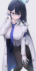 Rule 34 | 1girl, black hair, black pantyhose, blue archive, blue eyes, blue necktie, breasts, coat, collared shirt, earrings, gloves, halo, highres, jewelry, large breasts, leaning forward, long hair, nagata gata, necktie, pantyhose, pointy ears, rin (blue archive), shirt, solo, star (symbol), star earrings, very long hair, white coat, white gloves, white shirt